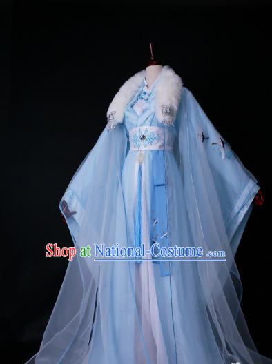 Traditional Chinese Princess Embroidered Costume Ancient Han Dynasty Imperial Concubine Blue Hanfu Dress for Women