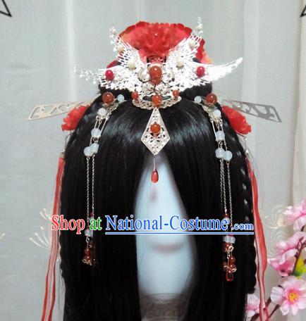 Chinese Traditional Handmade Swordswoman Wig and Hair Accessories Ancient Knight Phoenix Coronet Hairpins Headwear for Women