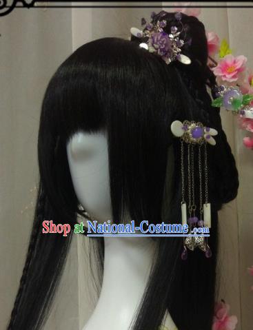 Chinese Traditional Handmade Princess Wig and Hair Accessories Ancient Hairpins Complete Set for Women