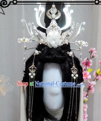 Chinese Traditional Handmade Swordsman Wig and Hair Accessories Ancient Knight Hairpins Headwear for Women