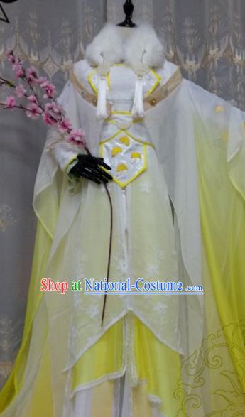 Chinese Ancient Court Princess Costume Cosplay Swordswoman Clothing Tang Dynasty Palace Lady Yellow Hanfu Dress for Women