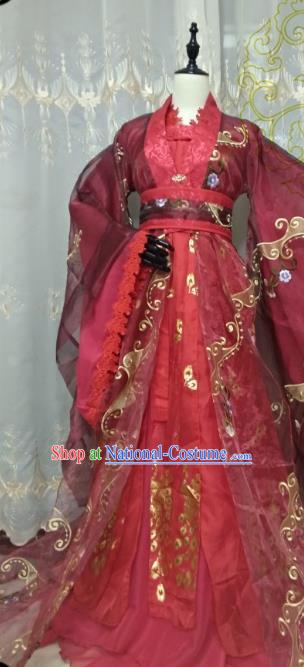 Chinese Ancient Princess Red Costume Cosplay Swordswoman Clothing Han Dynasty Imperial Concubine Hanfu Dress for Women