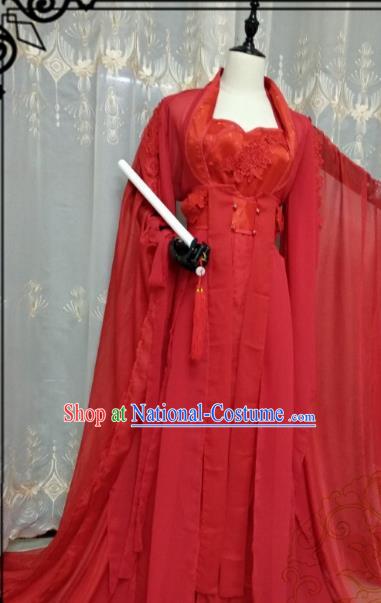 Chinese Ancient Wedding Costume Cosplay Swordswoman Clothing Tang Dynasty Princess Red Hanfu Dress for Women