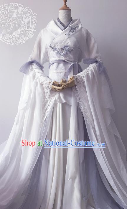 Chinese Ancient Cosplay Queen Costume Han Dynasty Empress Embroidered White Hanfu Dress for Women