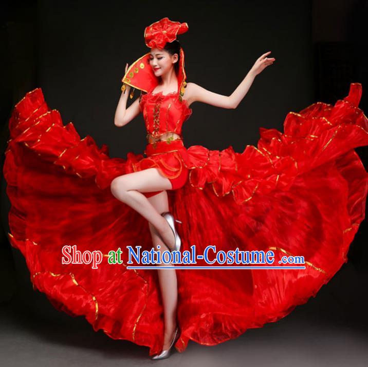 Top Grade Stage Show Costume Chorus Opening Modern Dance Spanish Dance Red Dress and Headpiece for Women