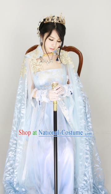 Chinese Ancient Cosplay Fairy Blue Costume Han Dynasty Princess Embroidered Hanfu Dress for Women