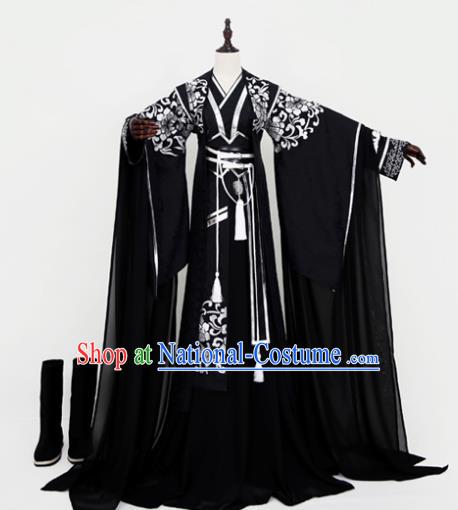 Chinese Ancient Emperor Black Costume Cosplay Nobility Childe Swordsman Embroidered Clothing for Men