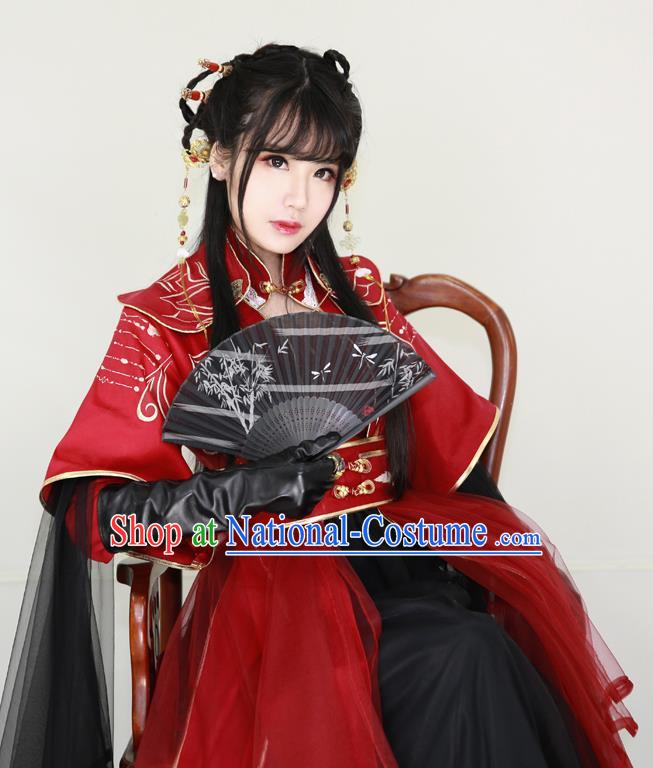 Chinese Ancient Cosplay Swordswoman Costume Ming Dynasty Young Lady Embroidered Red Hanfu Dress for Women