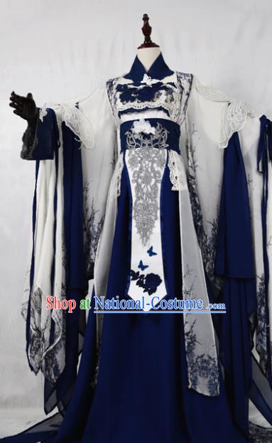 Chinese Ancient Cosplay Swordswoman Costume Han Dynasty Queen Embroidered Blue Hanfu Dress for Women