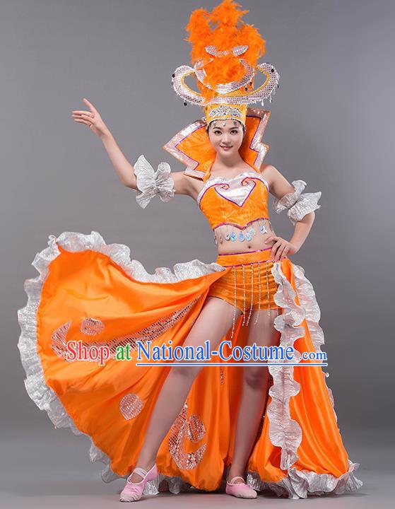 Spanish Traditional Paso Doble Costume Opening Dance Modern Dance Big Swing Orange Dress and Headpiece for Women