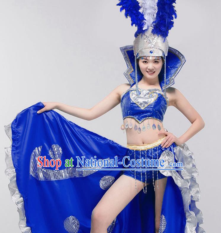 Spanish Traditional Paso Doble Costume Opening Dance Modern Dance Big Swing Royalblue Dress and Headpiece for Women