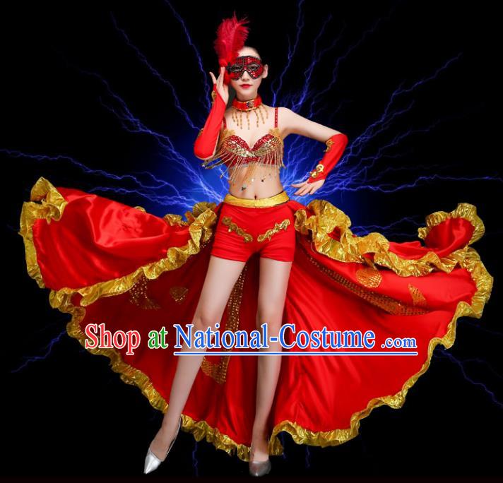 Top Grade Stage Performance Spanish Dance Costume Opening Dance Red Clothing and Headpiece for Women