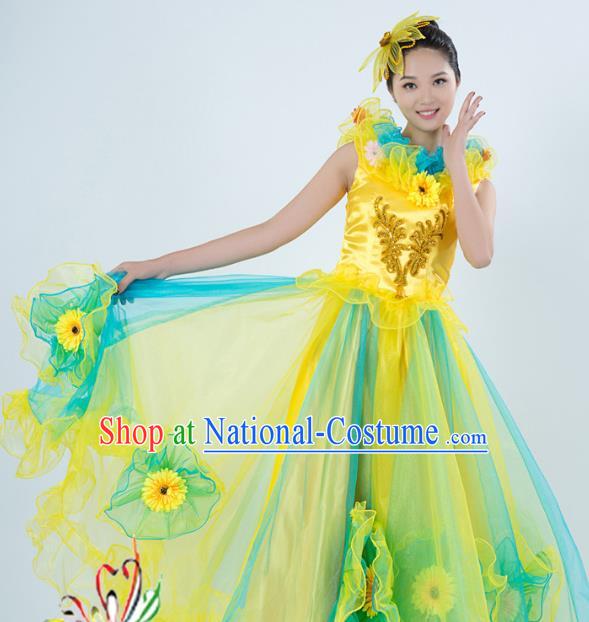 Top Grade Stage Performance Folk Dance Costume Opening Modern Dance Yellow Dress and Headpiece for Women