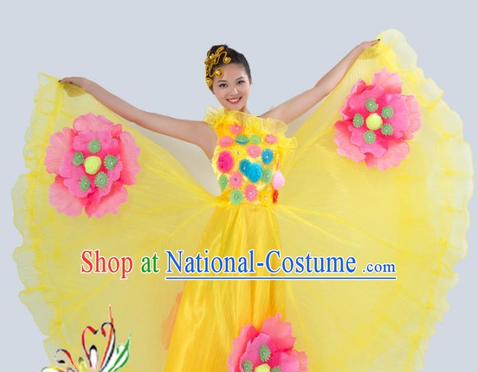 Top Grade Stage Performance Folk Dance Costume Chorus Singing Group Opening Modern Dance Yellow Dress for Women