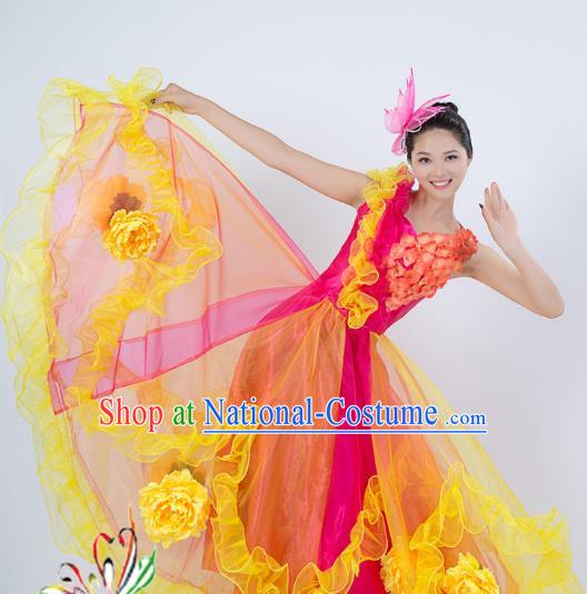 Top Grade Stage Performance Folk Dance Costume Chorus Singing Group Opening Modern Dance Rosy Dress for Women