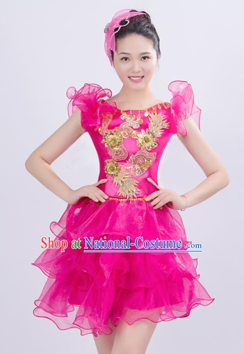 Top Grade Stage Performance Costume Chorus Singing Group Opening Modern Dance Rosy Bubble Dress for Women