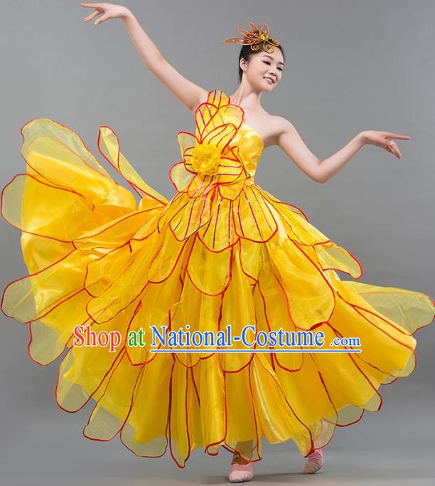 Top Grade Stage Performance Costume Chorus Singing Group Opening Modern Dance Yellow Bubble Dress for Women