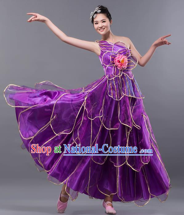 Top Grade Stage Performance Costume Chorus Singing Group Opening Modern Dance Purple Bubble Dress for Women