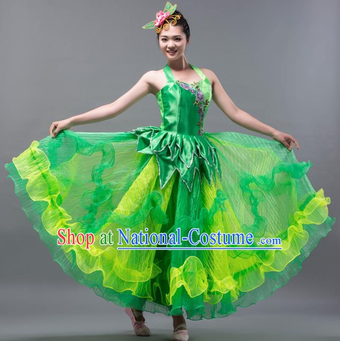 Top Grade Stage Performance Folk Dance Costume Chorus Modern Dance Green Bubble Dress for Women