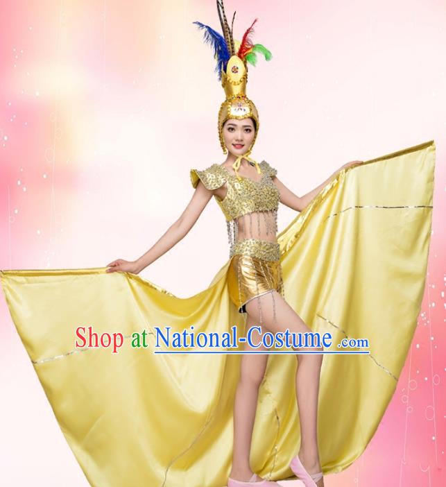 Top Grade Stage Performance Jazz Dance Costume Chorus Modern Dance Golden Clothing and Headpiece for Women