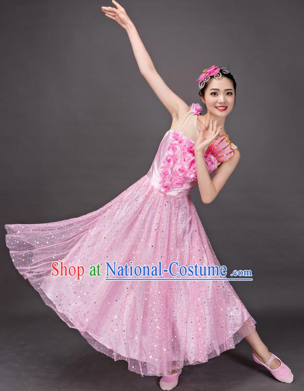 Top Grade Stage Performance Folk Dance Costume Chorus Modern Dance Pink Dress for Women