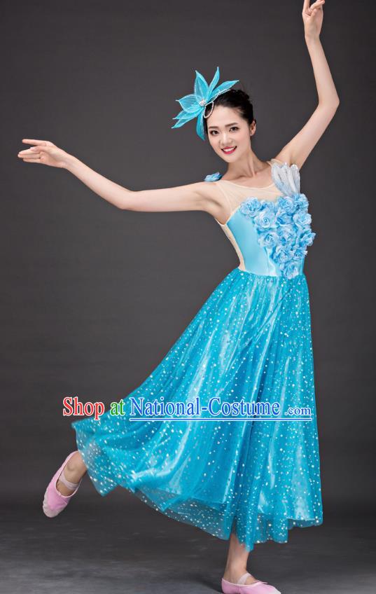 Top Grade Stage Performance Folk Dance Costume Chorus Modern Dance Blue Dress for Women