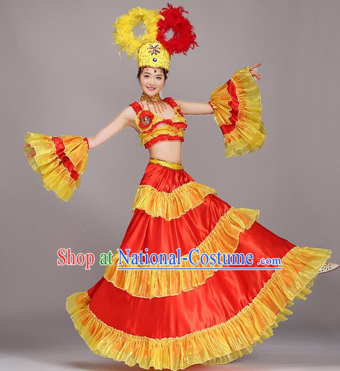 Top Grade Stage Performance Costume Chorus Modern Dance Red Dress and Headpiece for Women