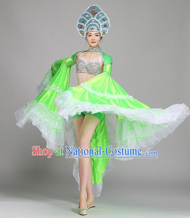 Top Grade Stage Show Costume Chorus Modern Dance Green Dress and Headpiece for Women