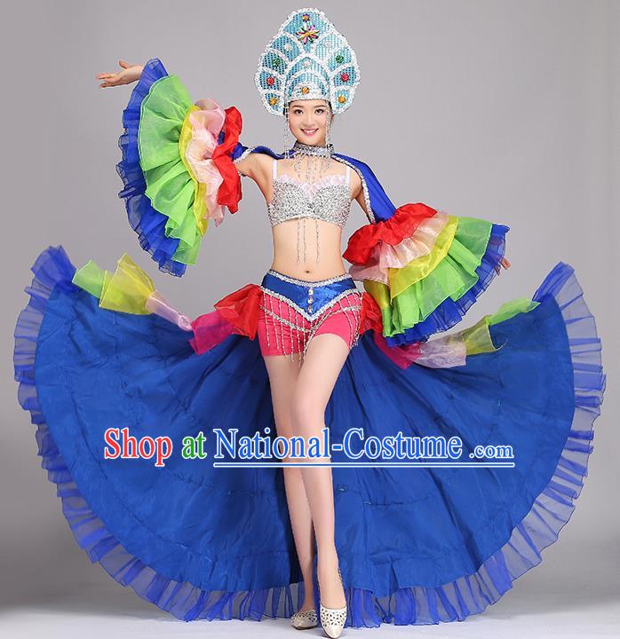 Top Grade Stage Show Costume Chorus Modern Dance Blue Dress and Headpiece for Women