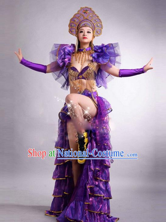 Top Grade Stage Performance Modern Dance Costume Opening Dance Purple Clothing and Headpiece for Women