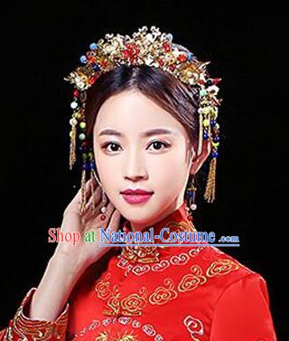 Chinese Traditional Handmade Wedding Bride Phoenix Coronet Hair Accessories Ancient Hairpins Complete Set for Women