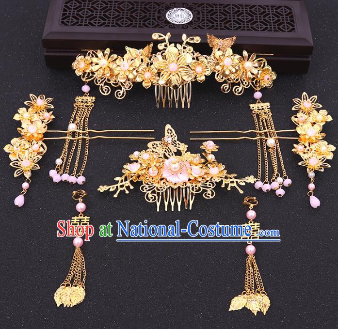 Chinese Traditional Handmade Wedding Pink Beads Phoenix Coronet Hair Accessories Ancient Hairpins Complete Set for Women