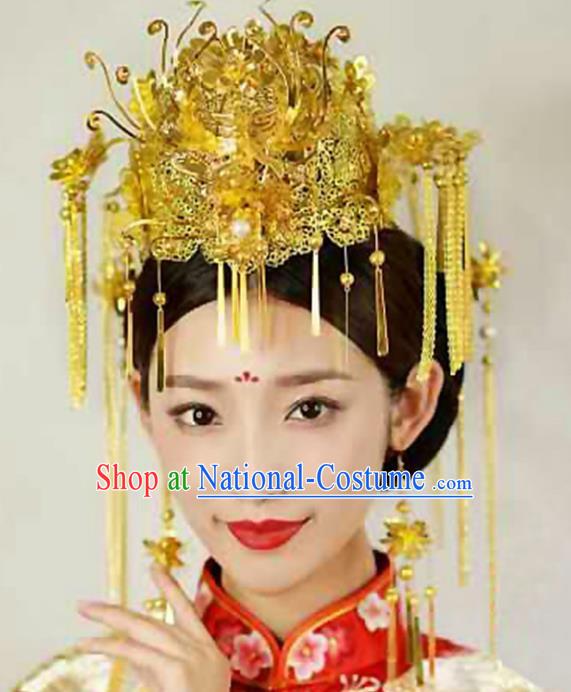 Chinese Traditional Handmade Phoenix Coronet Wedding Hair Accessories Ancient Hairpins Complete Set for Women