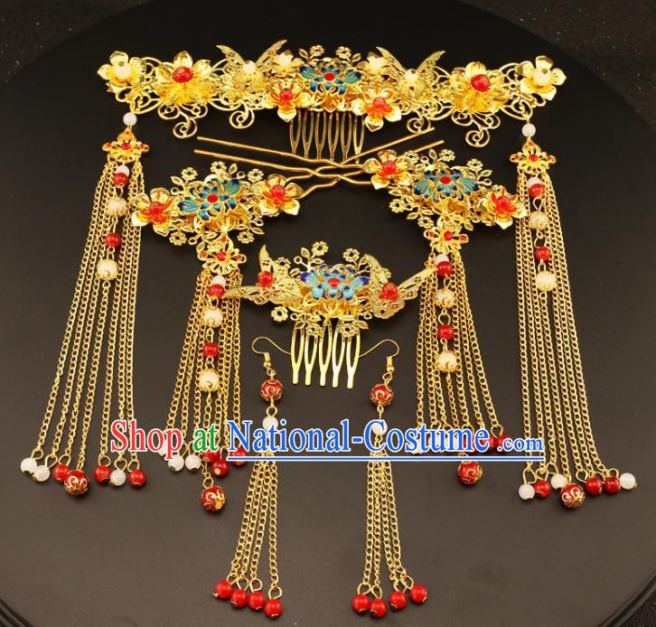 Chinese Traditional Handmade Wedding Hair Accessories Blueing Phoenix Coronet Ancient Hairpins Complete Set for Women