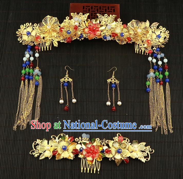 Chinese Traditional Handmade Wedding Phoenix Coronet Hair Accessories Ancient Hairpins Complete Set for Women