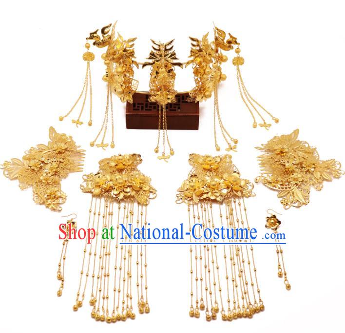 Chinese Traditional Xiuhe Suit Hair Accessories Ancient Handmade Golden Phoenix Coronet Hairpins Complete Set for Women