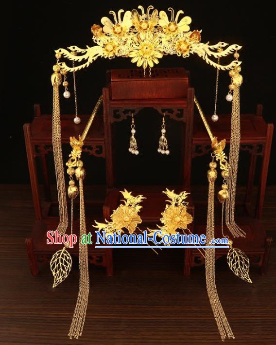 Chinese Traditional Xiuhe Suit Hair Accessories Handmade Golden Phoenix Coronet Ancient Hairpins Complete Set for Women