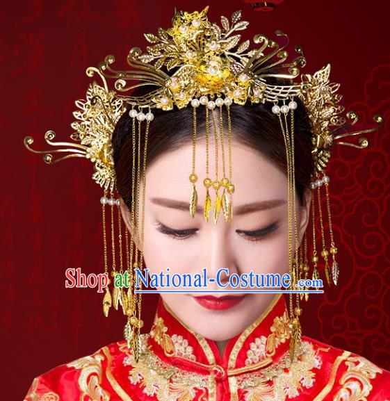 Chinese Traditional Xiuhe Suit Hair Accessories Handmade Bride Phoenix Coronet Ancient Hairpins Complete Set for Women