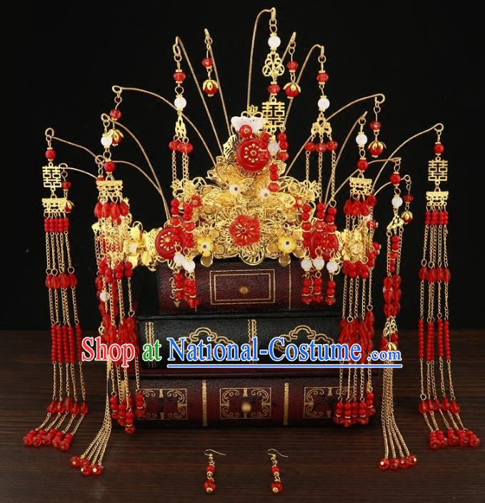 Chinese Traditional Hair Accessories Xiuhe Suit Handmade Red Beads Tassel Phoenix Coronet Ancient Hairpins Step Shake for Women