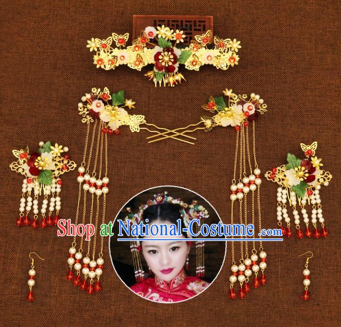 Chinese Traditional Handmade Hair Accessories Xiuhe Suit Hair Comb Ancient Hairpins Tassel Step Shake for Women