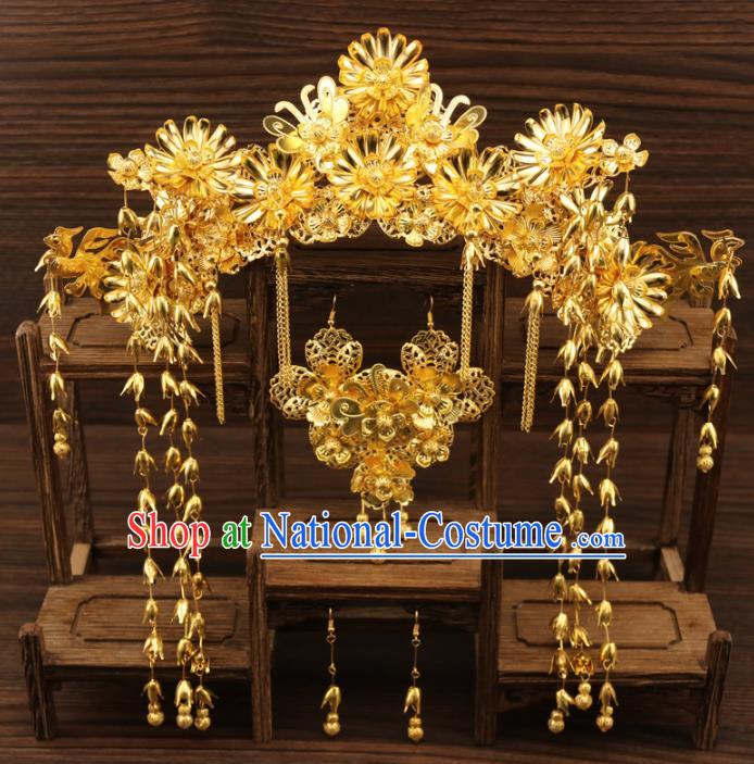 Chinese Traditional Xiuhe Suit Hair Accessories Bride Golden Phoenix Coronet Ancient Hairpins Complete Set for Women