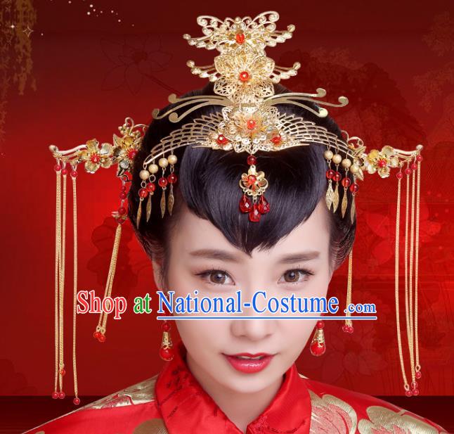 Chinese Traditional Xiuhe Suit Hair Accessories Phoenix Coronet Ancient Hairpins Complete Set for Women