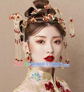 Chinese Traditional Xiuhe Suit Hair Accessories Red Tassel Hair Clasp Ancient Hairpins Complete Set for Women