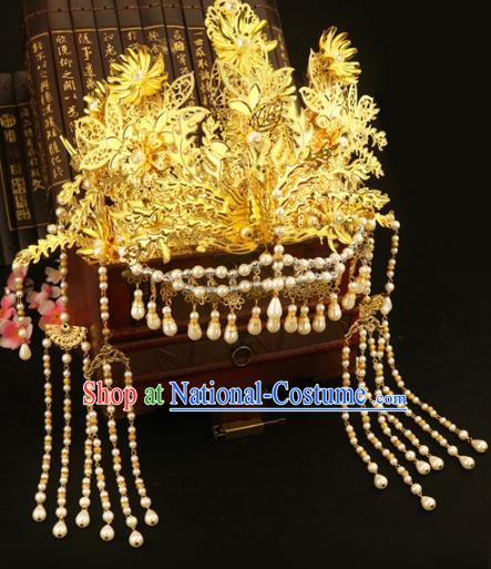 Chinese Traditional Handmade Hair Accessories Ancient Hairpins Xiuhe Suit Pearls Phoenix Coronet Complete Set for Women