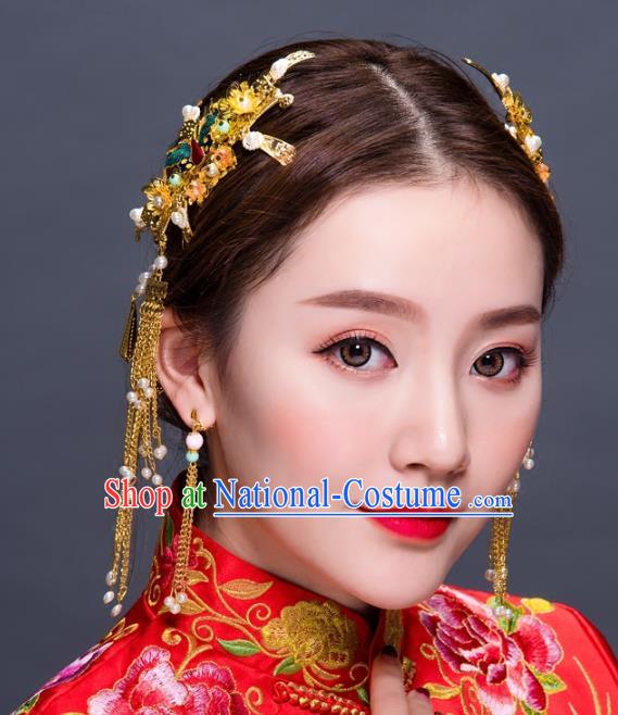 Chinese Traditional Handmade Hair Accessories Ancient Hairpins Xiuhe Suit Hair Combs Complete Set for Women