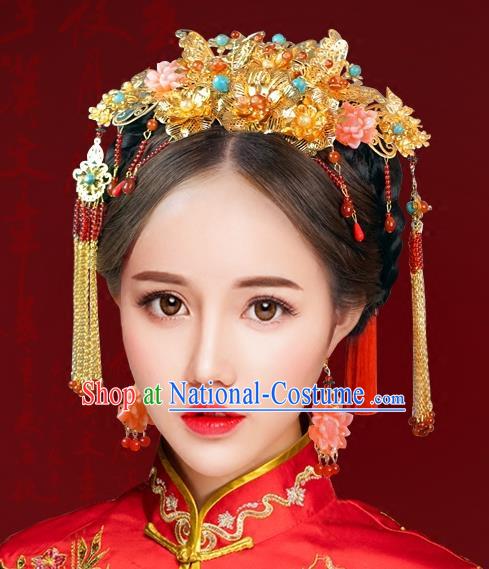 Chinese Traditional Handmade Hair Accessories Phoenix Coronet Ancient Hairpins Xiuhe Suit Hair Combs Complete Set for Women