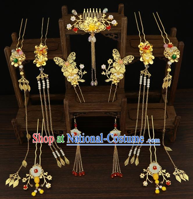 Chinese Traditional Handmade Hair Accessories Xiuhe Suit Golden Hair Comb Ancient Hairpins Step Shake for Women