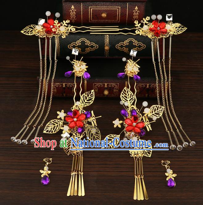 Chinese Traditional Handmade Hair Accessories Hair Clips Ancient Hairpins Xiuhe Suit Step Shake Complete Set for Women