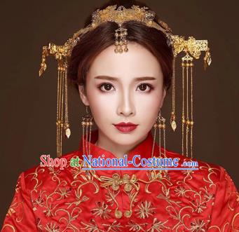 Chinese Traditional Handmade Bride Phoenix Coronet Hair Accessories Tassel Step Shake Ancient Hairpins Complete Set for Women