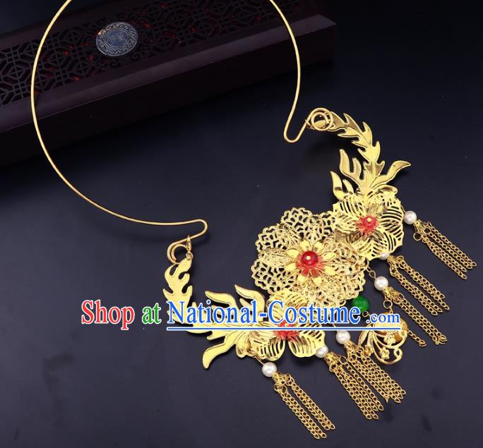 Traditional Chinese Jewelry Accessories Golden Flowers Necklace Ancient Hanfu Tassel Necklet for Women